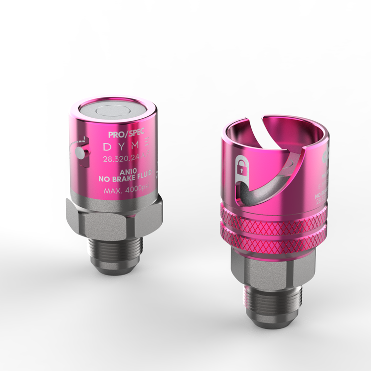Two pink and silver mechanical components on a white background