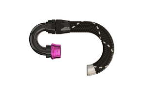 Black braided cable lock with purple lock mechanism on a white background